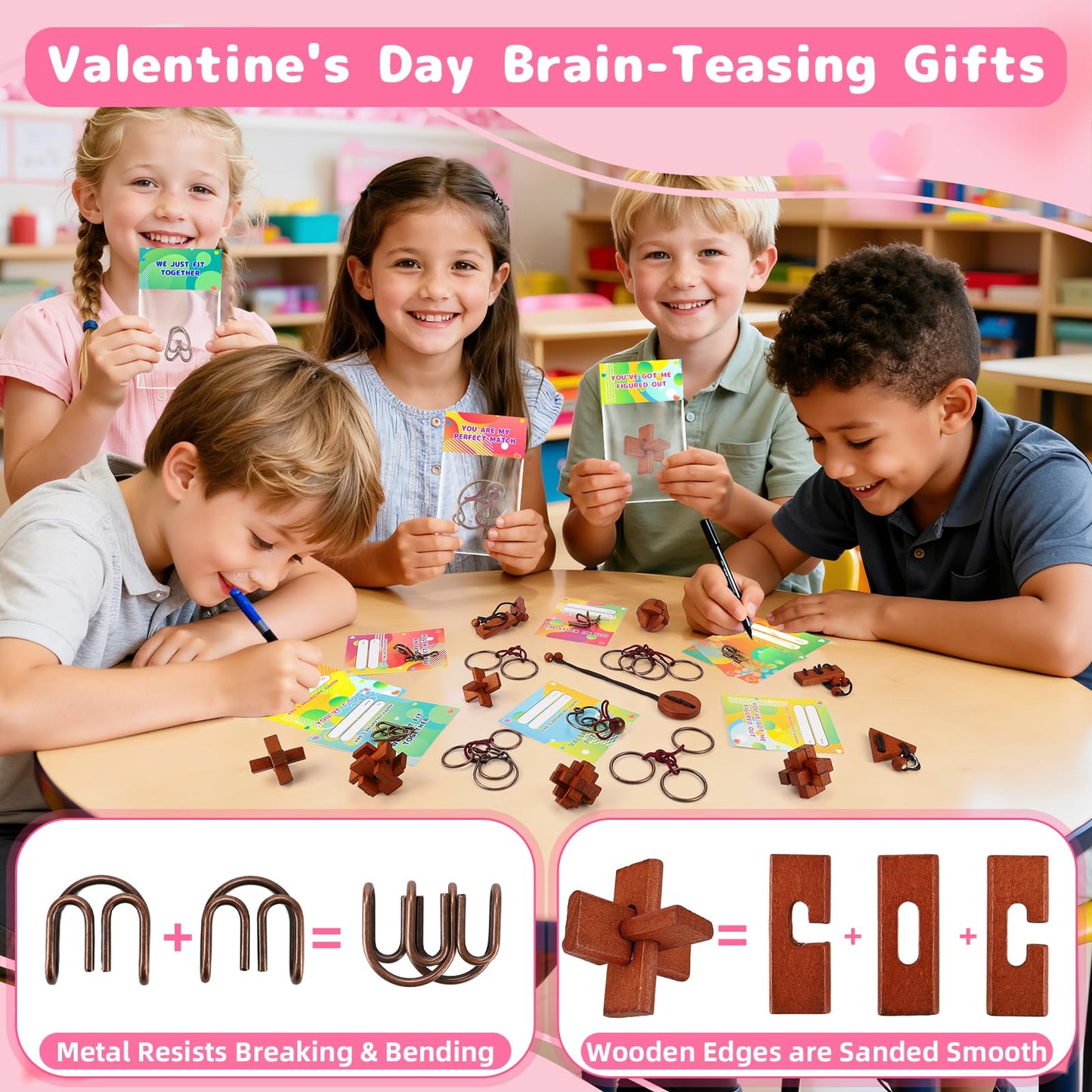 Tiocky Valentine's Day Gifts for Kids — 24 Pcs Cards & Brain Teaser Puzzles for Classroom Exchange