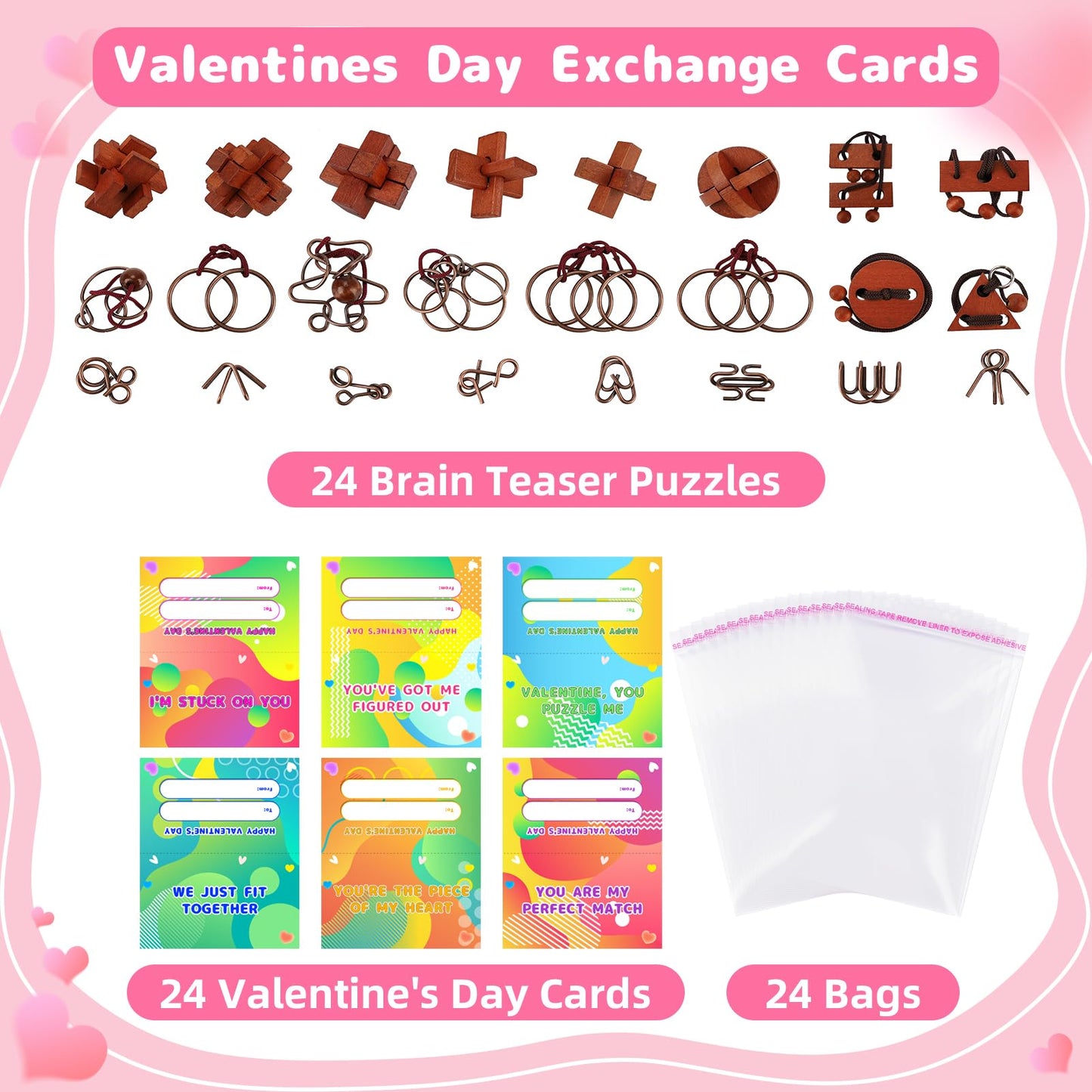 Tiocky Valentine's Day Gifts for Kids — 24 Pcs Cards & Brain Teaser Puzzles for Classroom Exchange