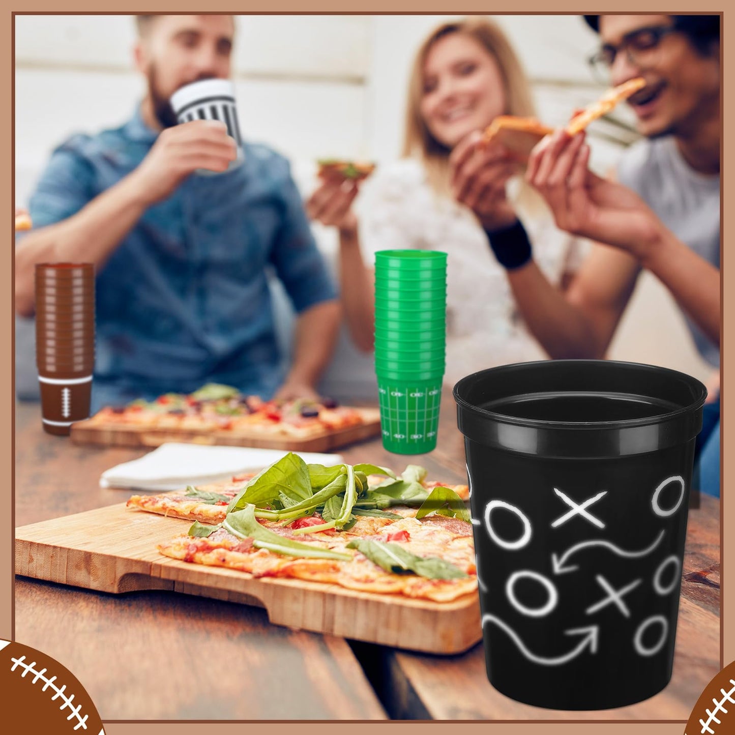 Tioncy 48 Pack Football Plastic Cups – 16 oz Reusable Party Cups, 4 Designs