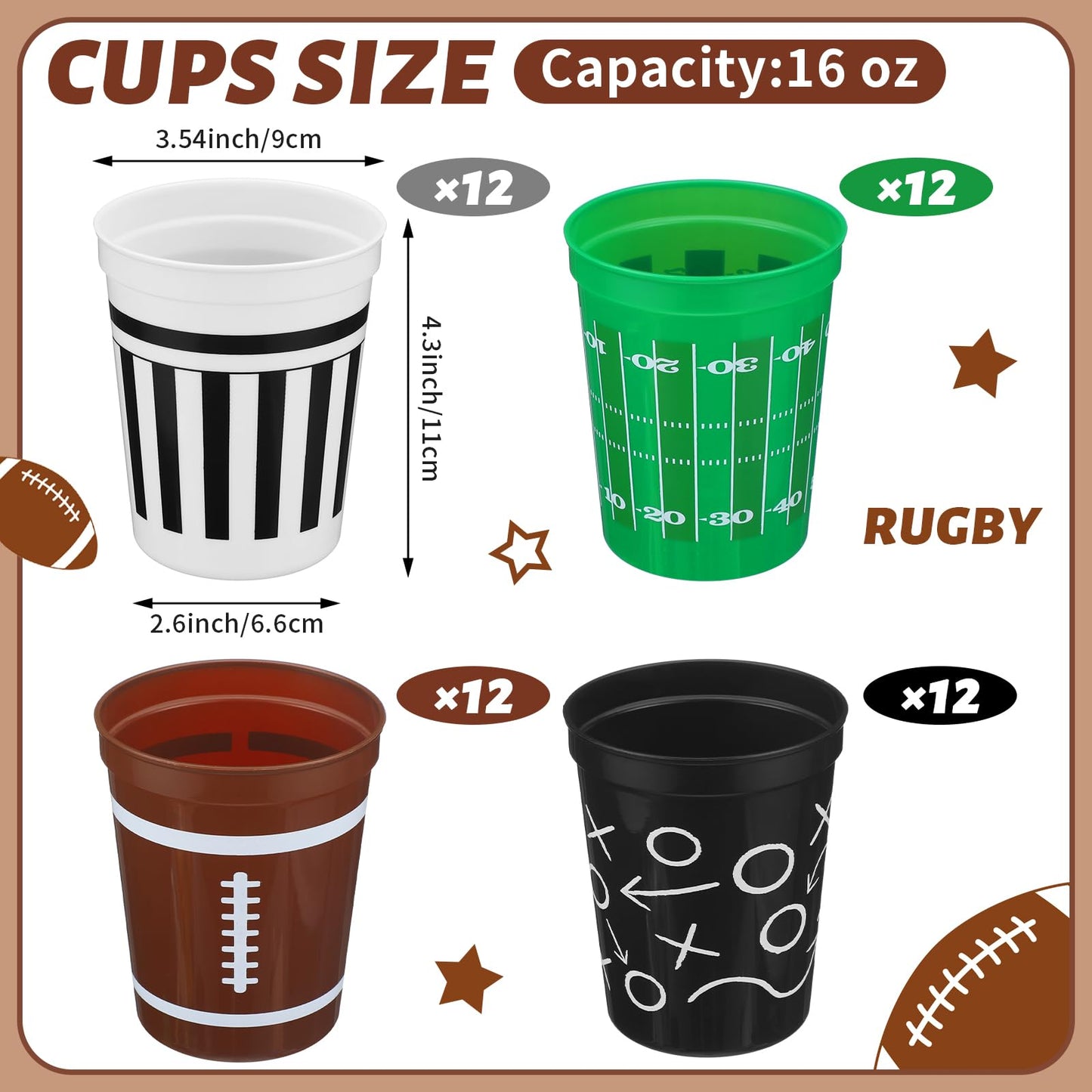 Tioncy 48 Pack Football Plastic Cups – 16 oz Reusable Party Cups, 4 Designs