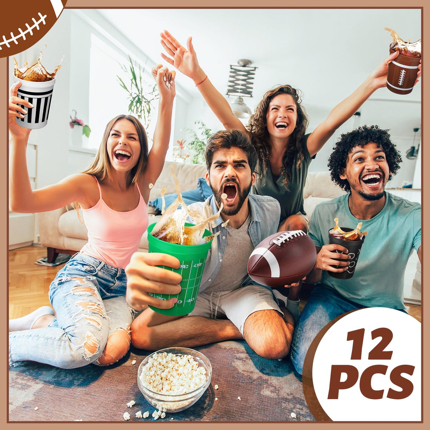 Tioncy 48 Pack Football Plastic Cups – 16 oz Reusable Party Cups, 4 Designs
