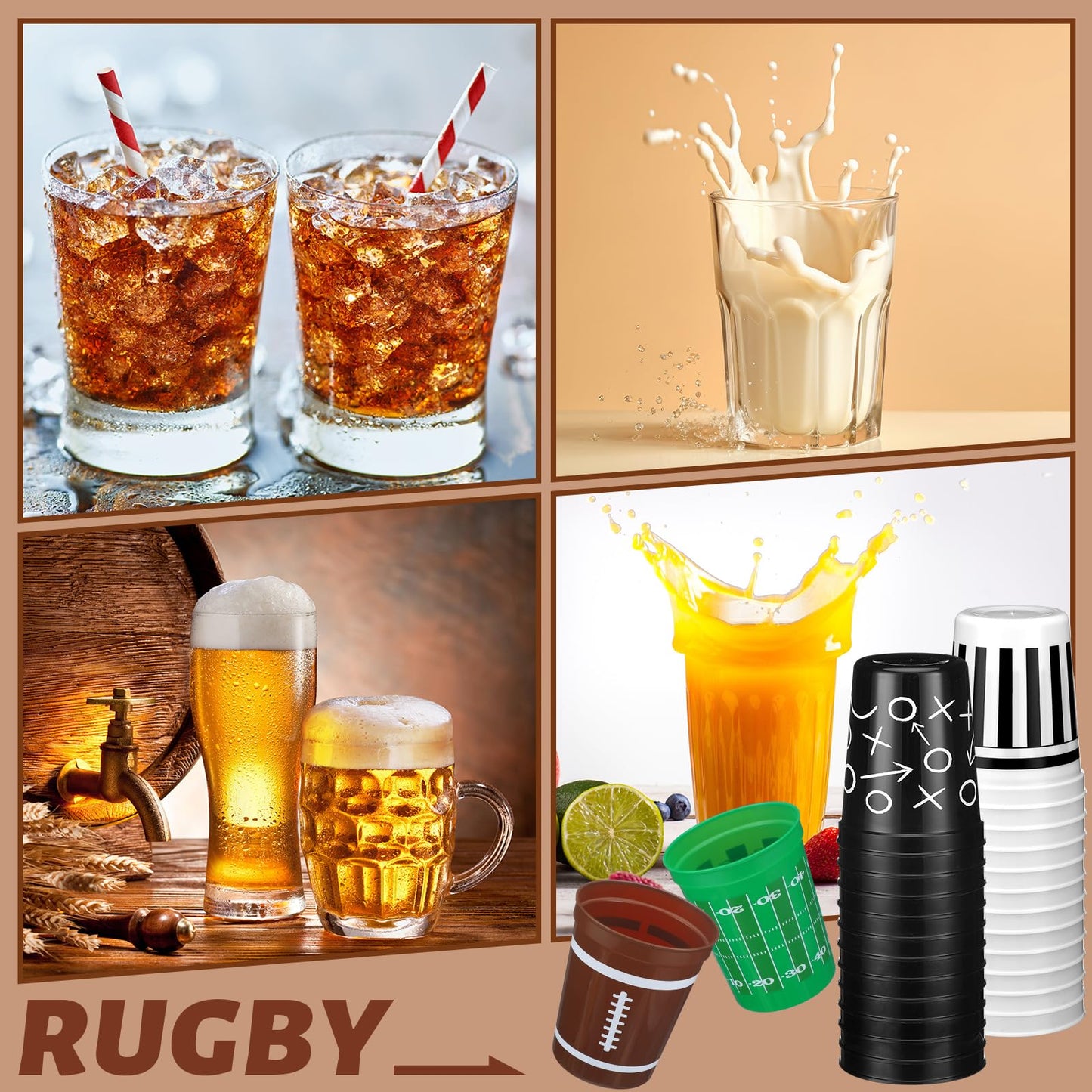 Tioncy 48 Pack Football Plastic Cups – 16 oz Reusable Party Cups, 4 Designs