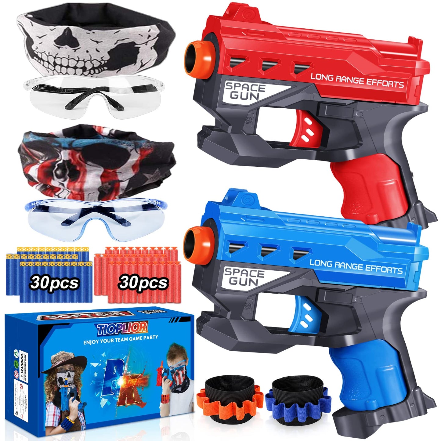 TiopLior 2-Pack Blaster Guns for Kids (Ages 4-9) – 60 Foam Bullets, Safety Goggles & Wristbands