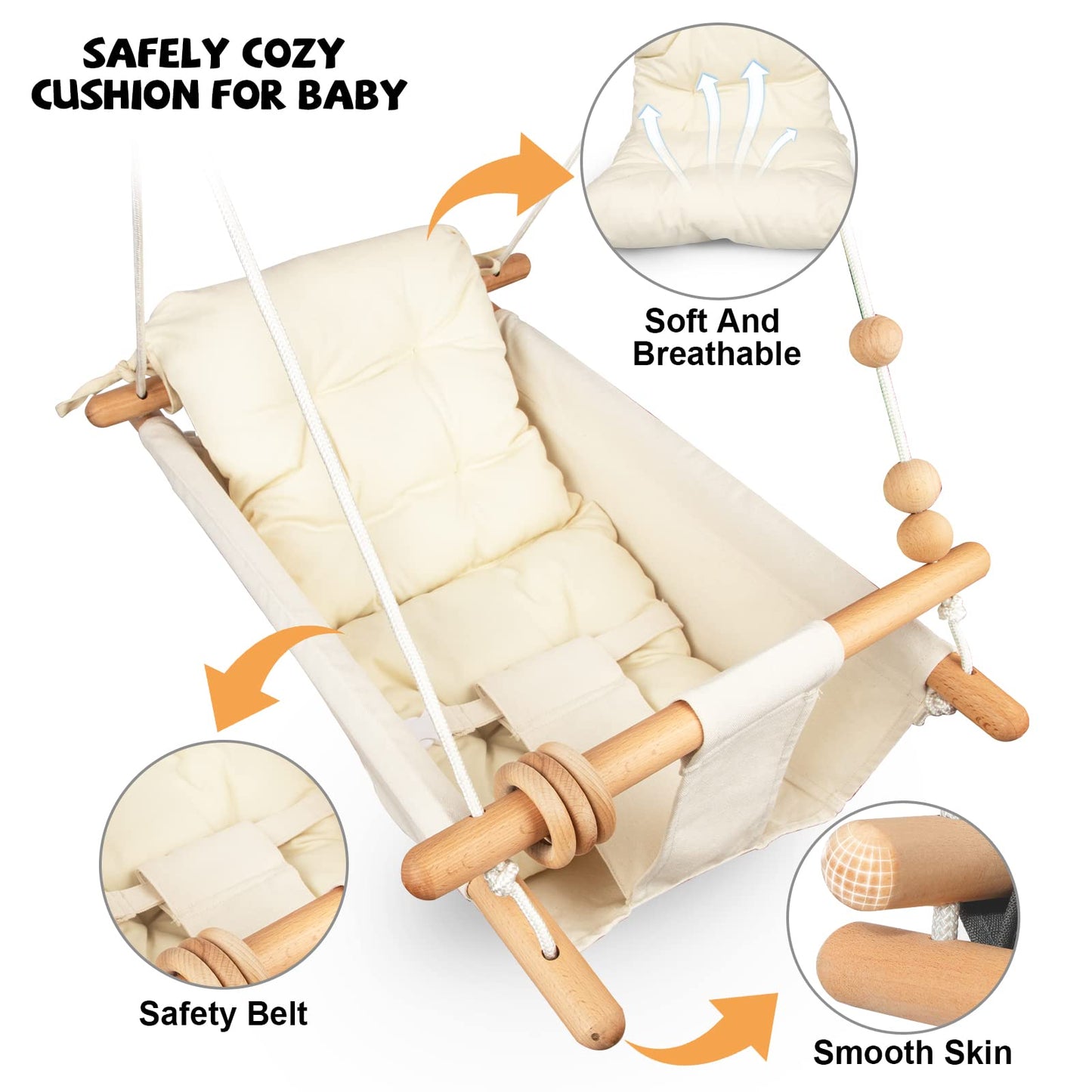 Tislly Baby Swing – Indoor/Outdoor Tree-Design Swing for Infants to Toddlers, 5-Point Safety Belt, Cream