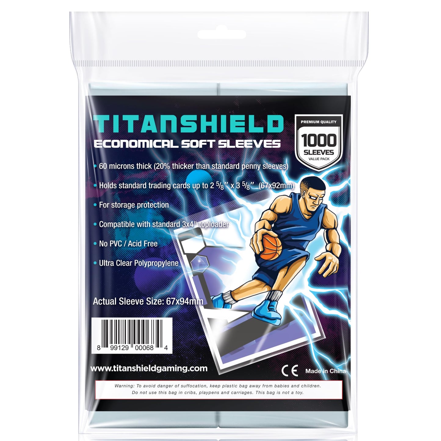 TitanShield 1000-Count 60-Micron Soft Penny Card Sleeves 67x94mm Ultra Clear (2-5/8 x 3-5/8 in)