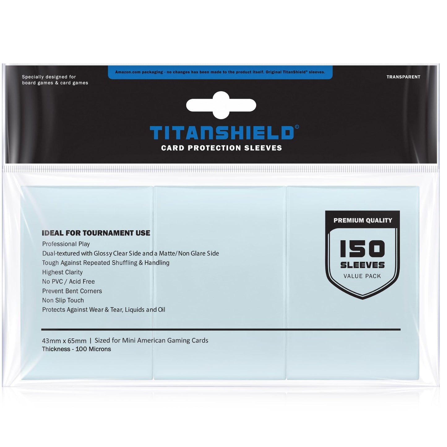 TitanShield 150 Clear Mini American Size Card Sleeves for Board Games – Matte, Anti-Slip PP (43x65mm)