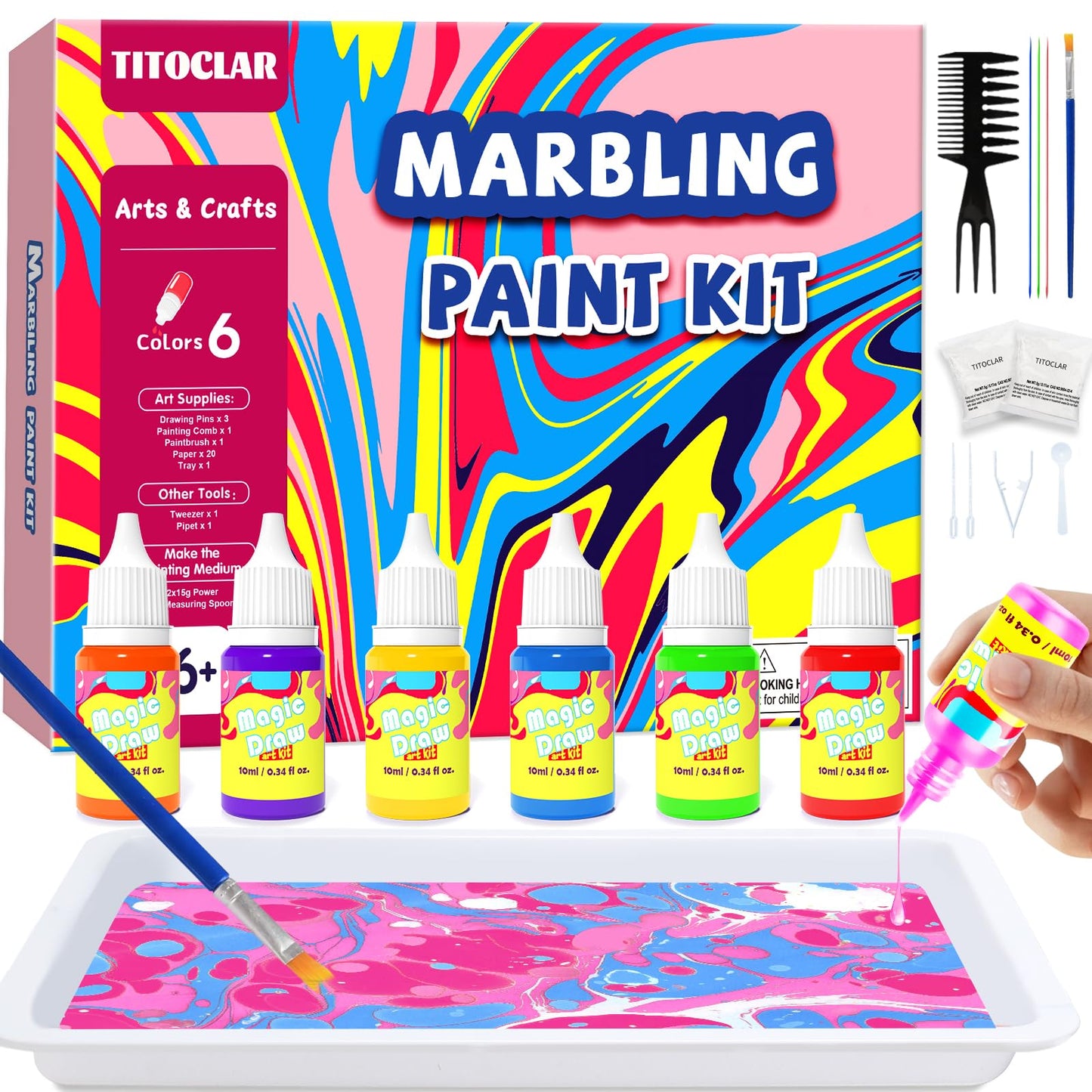 Titoclar Water Marbling Paint Kit for Kids – Mess-Free Colorful Swirls, STEM Craft Gift