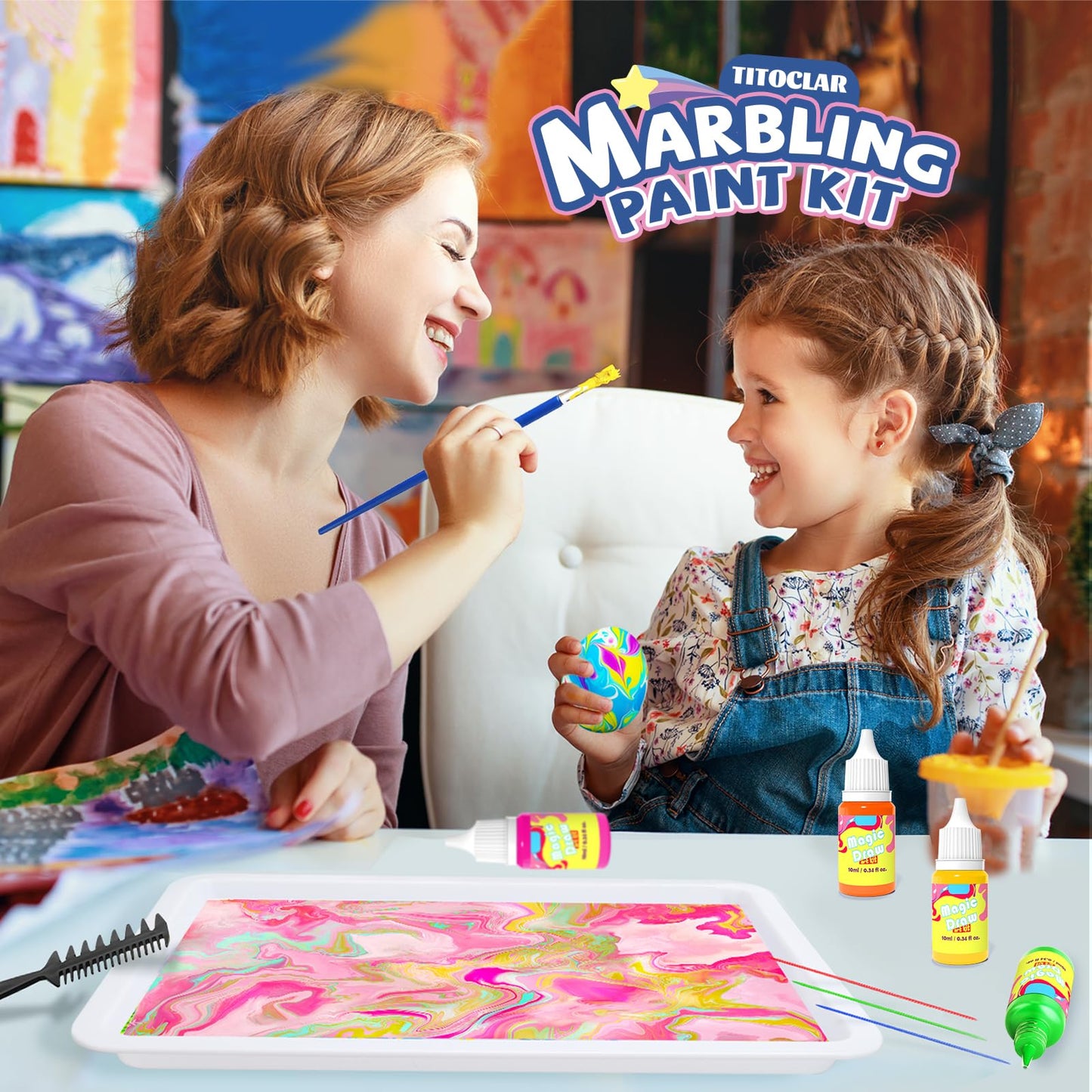 Titoclar Water Marbling Paint Kit for Kids – Mess-Free Colorful Swirls, STEM Craft Gift