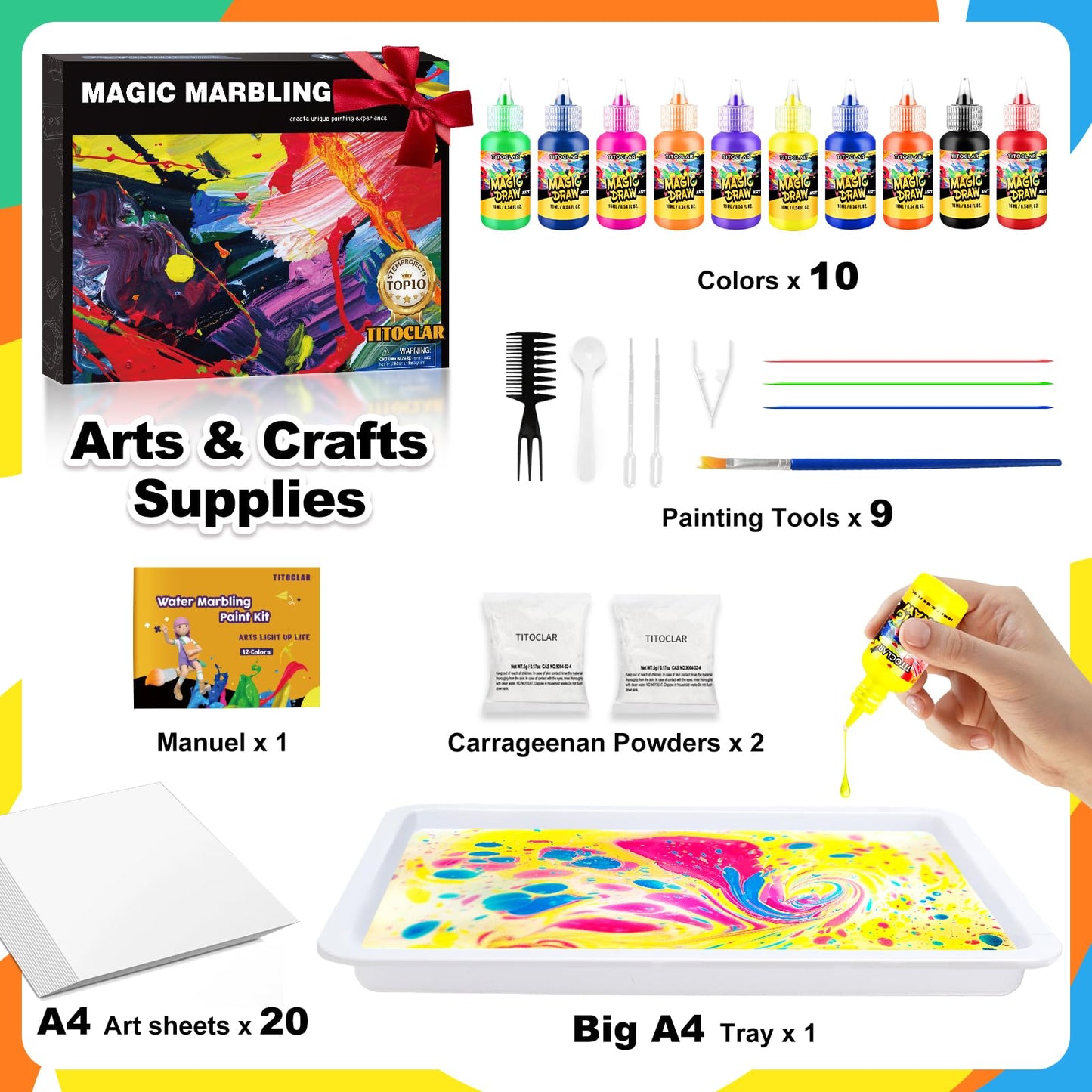 Titoclar Water Marbling Paint Kit — Creative Kids Art Set (10 Colors)