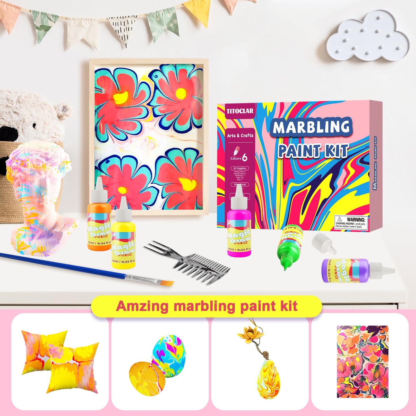 Titoclar Water Marbling Paint Kit for Kids – Mess-Free Colorful Swirls, STEM Craft Gift