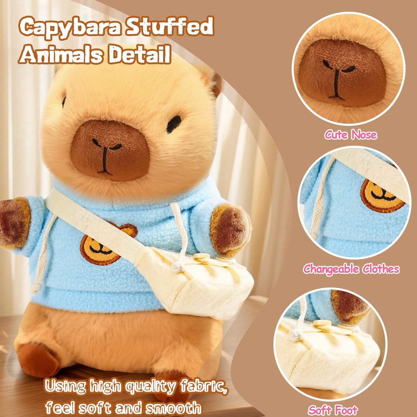 TITQWOP Brown Capybara Plush with 9 Outfits – Ultra-Soft Capybara Stuffed Animal for Kids