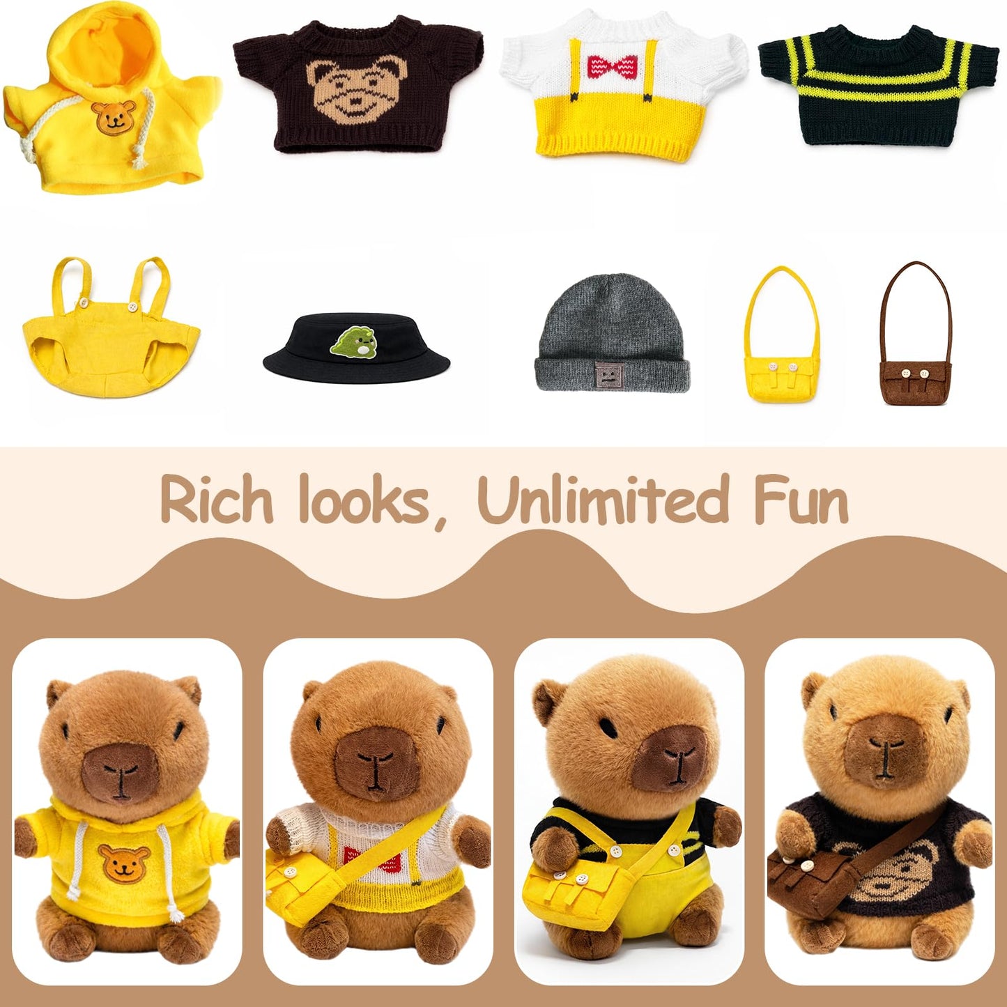TITQWOP Capybara Plush Toy — 10.2-Inch Black Capybara with 9 Outfits & Accessories