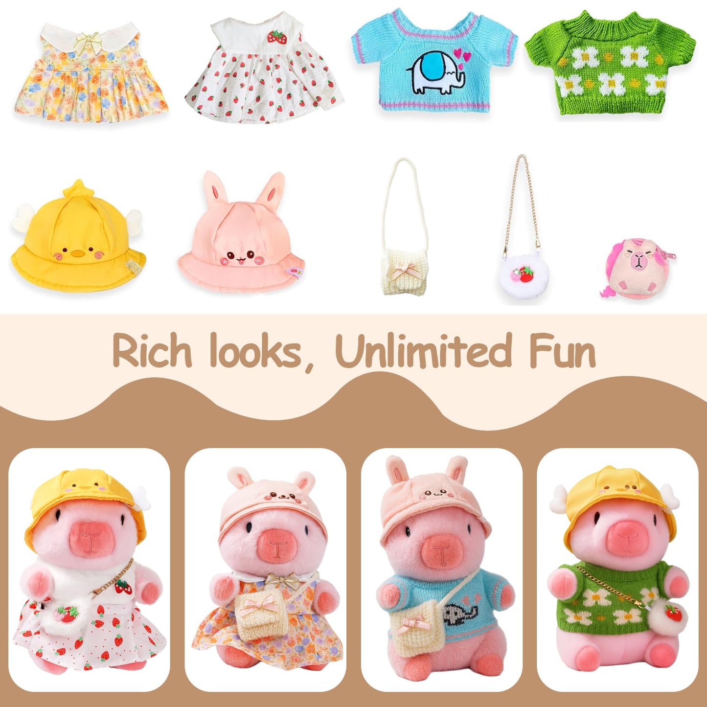 TITQWOP Capybara Plush Toy – 10.2 inch with 9 Outfits & Accessories | Ultra-Soft Capybara Plush
