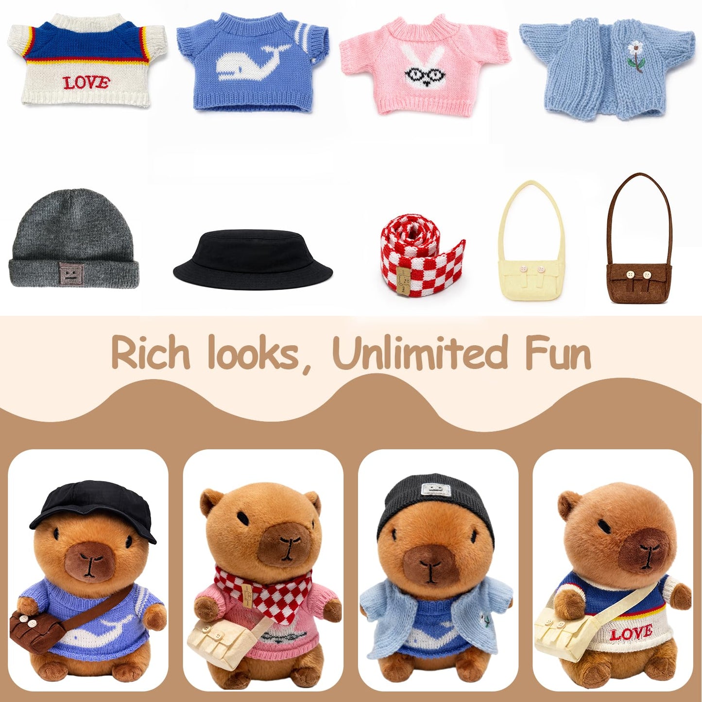 TITQWOP Capybara Plush Toy with 9 Outfits & Accessories – Super Soft Plush for Kids
