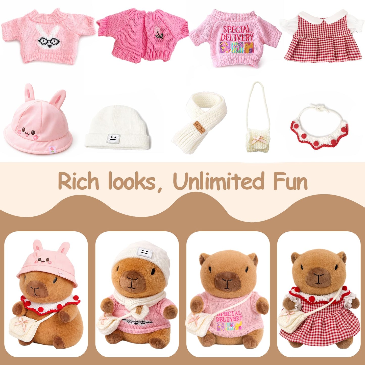 TITQWOP Capybara Plush Toy with 9 Outfits & Accessories – Ultra-Soft Dress-Up Plush for Kids