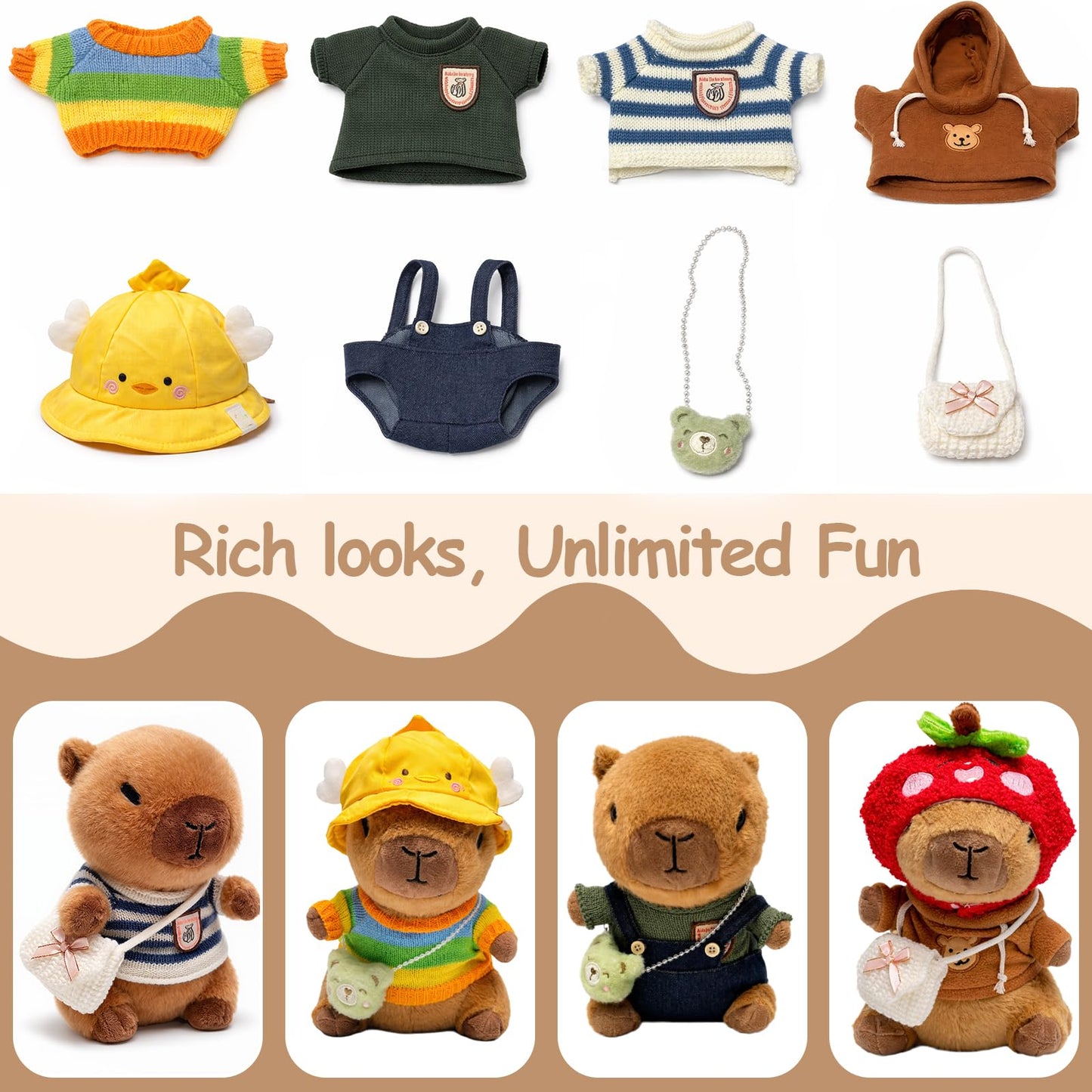 TITQWOP 10.2-Inch Brown Capybara Plush Toy with 9 Outfits and Accessories