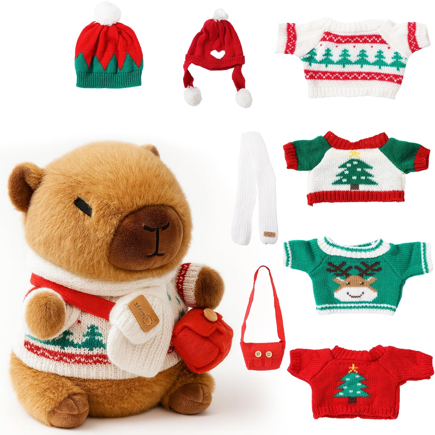 TITQWOP 10.2-inch Red Capybara Plush Toy with 9 Clothes and Accessories