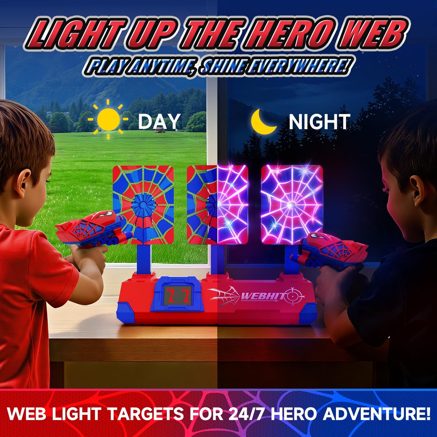 Tiyvnsi Hero Shooting Toy Set – Glowing Web Targets, LCD Score, Auto Reset, Indoor/Outdoor Fun for Ages 3–12