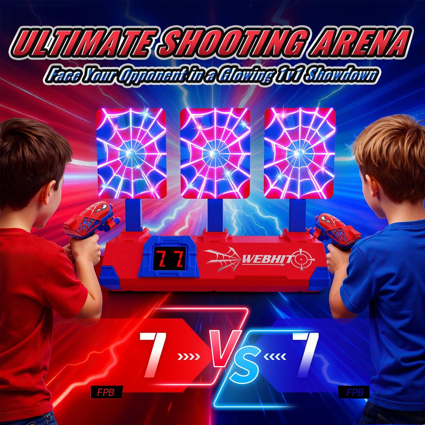 Tiyvnsi Hero Shooting Toy Set – Glowing Web Targets, LCD Score, Auto Reset, Indoor/Outdoor Fun for Ages 3–12
