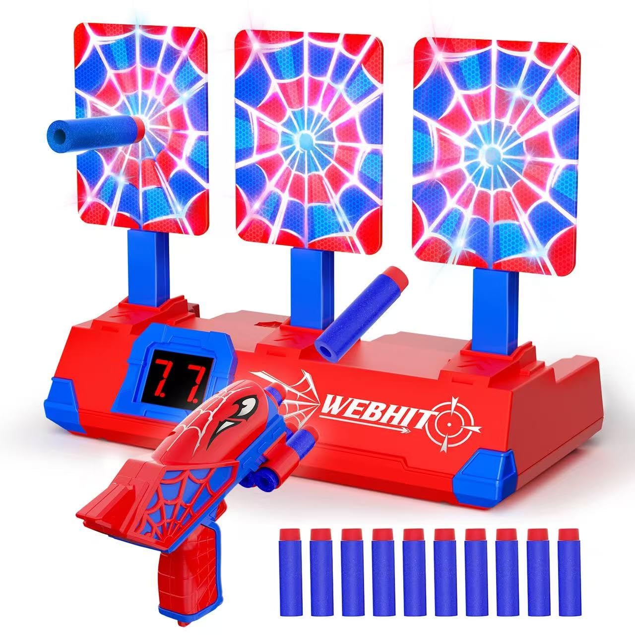Tiyvnsi Hero Shooting Toy Set – Glowing Web Targets, LCD Score, Auto Reset, Indoor/Outdoor Fun for Ages 3–12