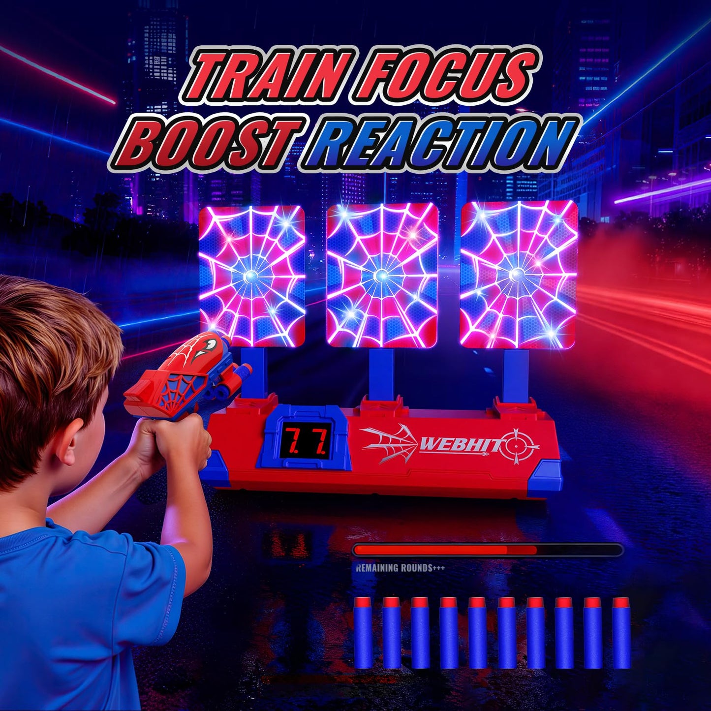 Tiyvnsi Hero Shooting Toy Set – Glowing Web Targets, LCD Score, Auto Reset, Indoor/Outdoor Fun for Ages 3–12