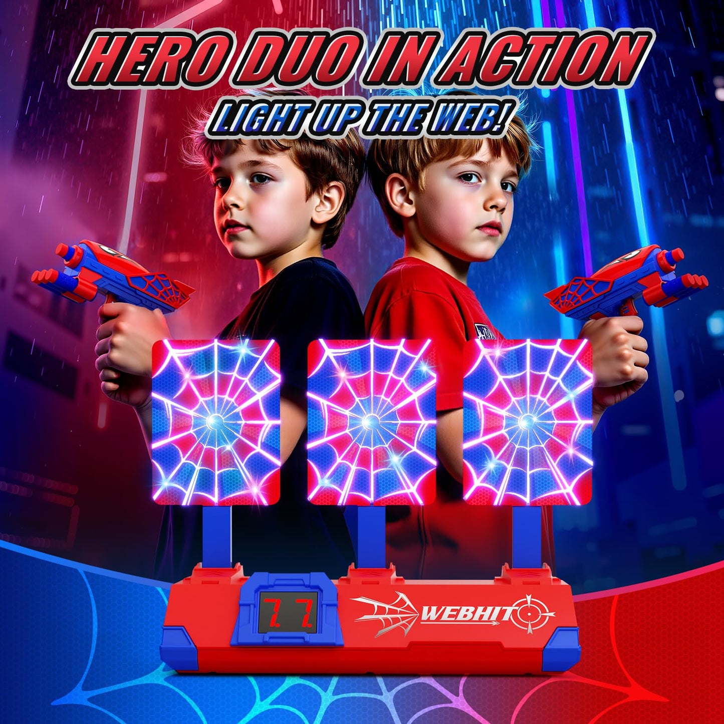 Tiyvnsi Hero Shooting Toy Set – Glowing Web Targets, LCD Score, Auto Reset, Indoor/Outdoor Fun for Ages 3–12