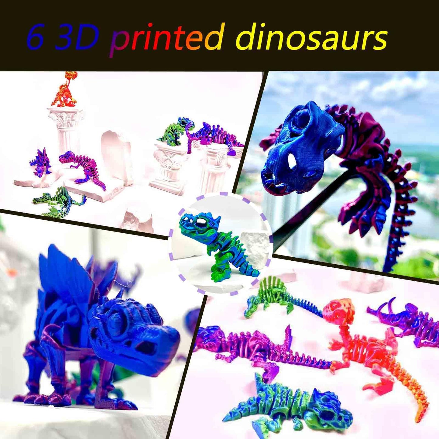 TJYZGXQ 6-Pack 3D Printed Dinosaur Skeletons — T-Rex Fidget Toys & Desk Gifts for Kids