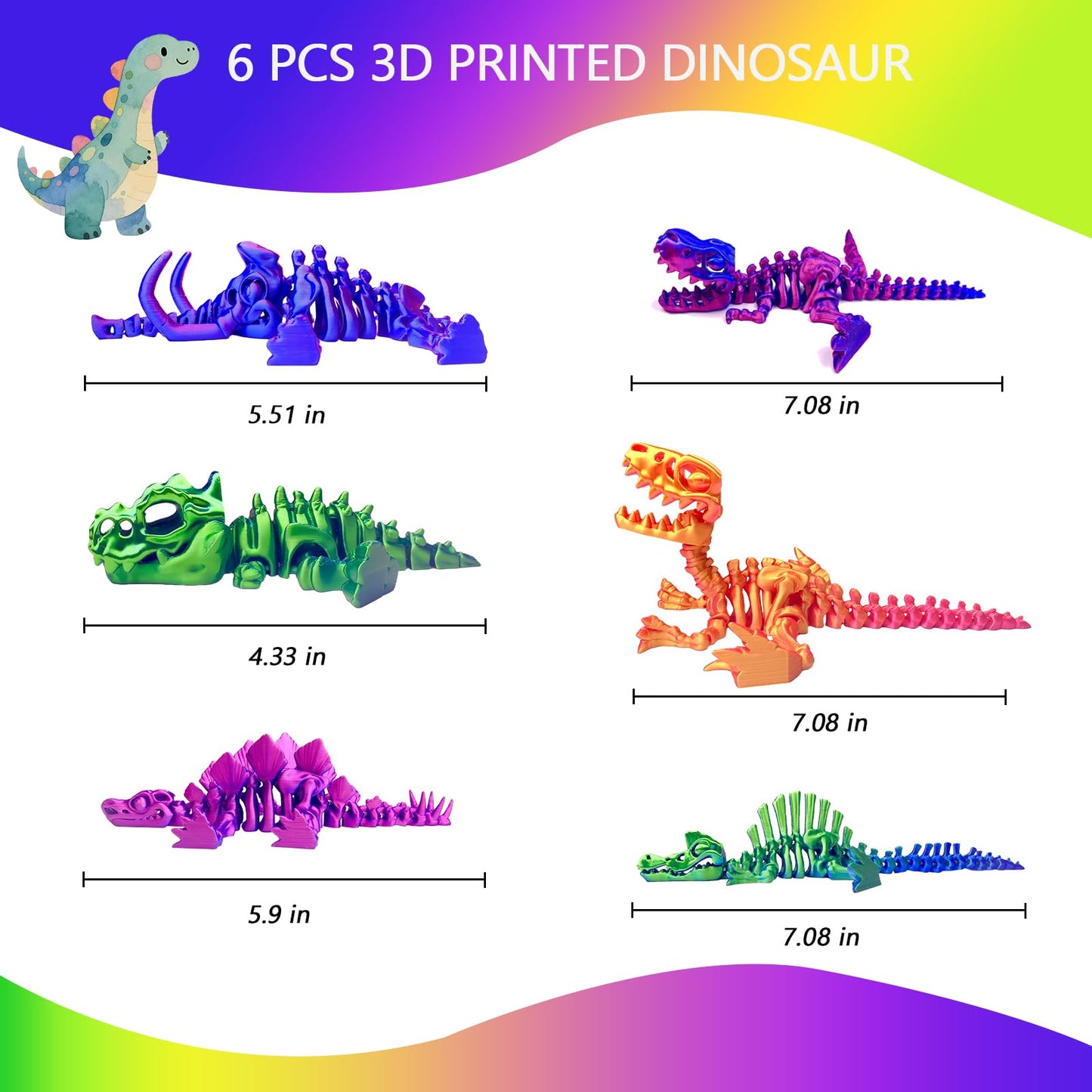 TJYZGXQ 6-Pack 3D Printed Dinosaur Skeletons — T-Rex Fidget Toys & Desk Gifts for Kids