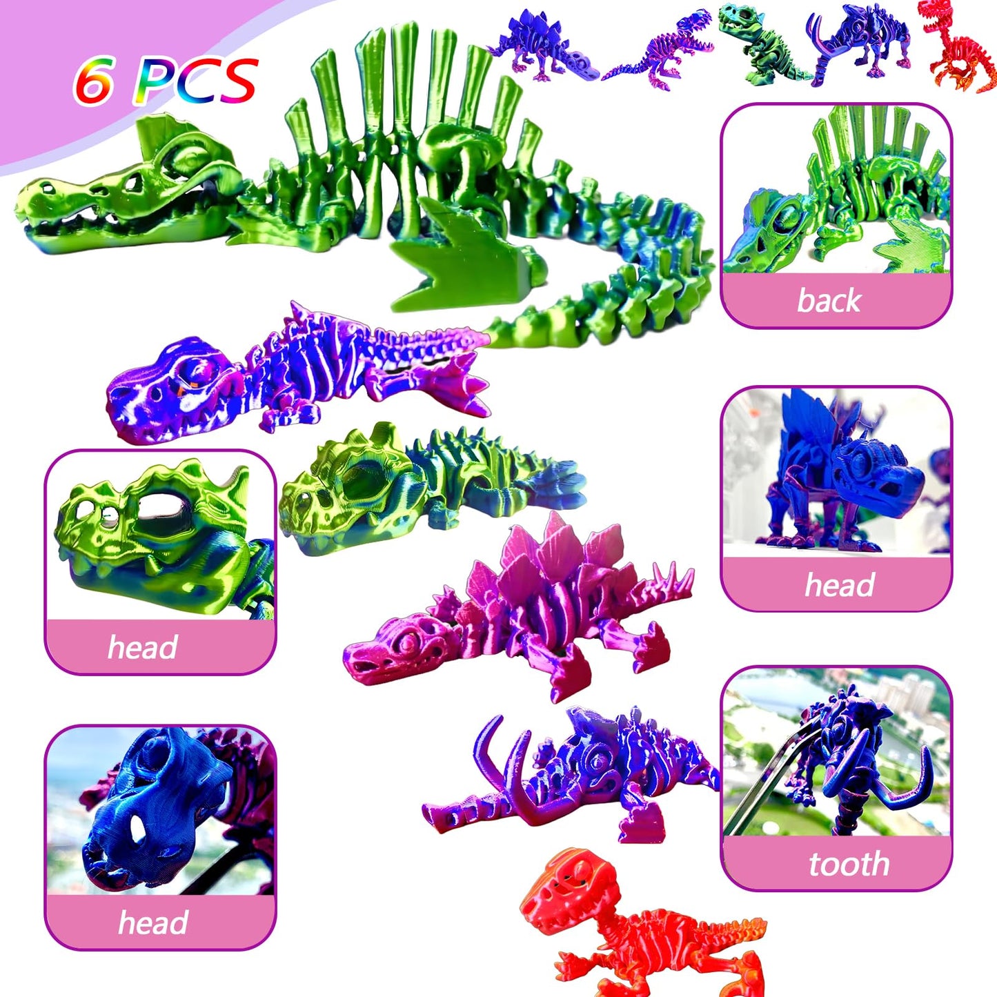 TJYZGXQ 6-Pack 3D Printed Dinosaur Skeletons — T-Rex Fidget Toys & Desk Gifts for Kids