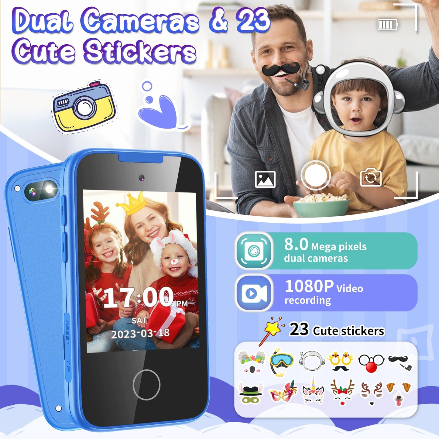 TKECWOB Kids Phone Toy for Ages 3-6 – Dual Camera, Music Player & Learning Games (Blue)