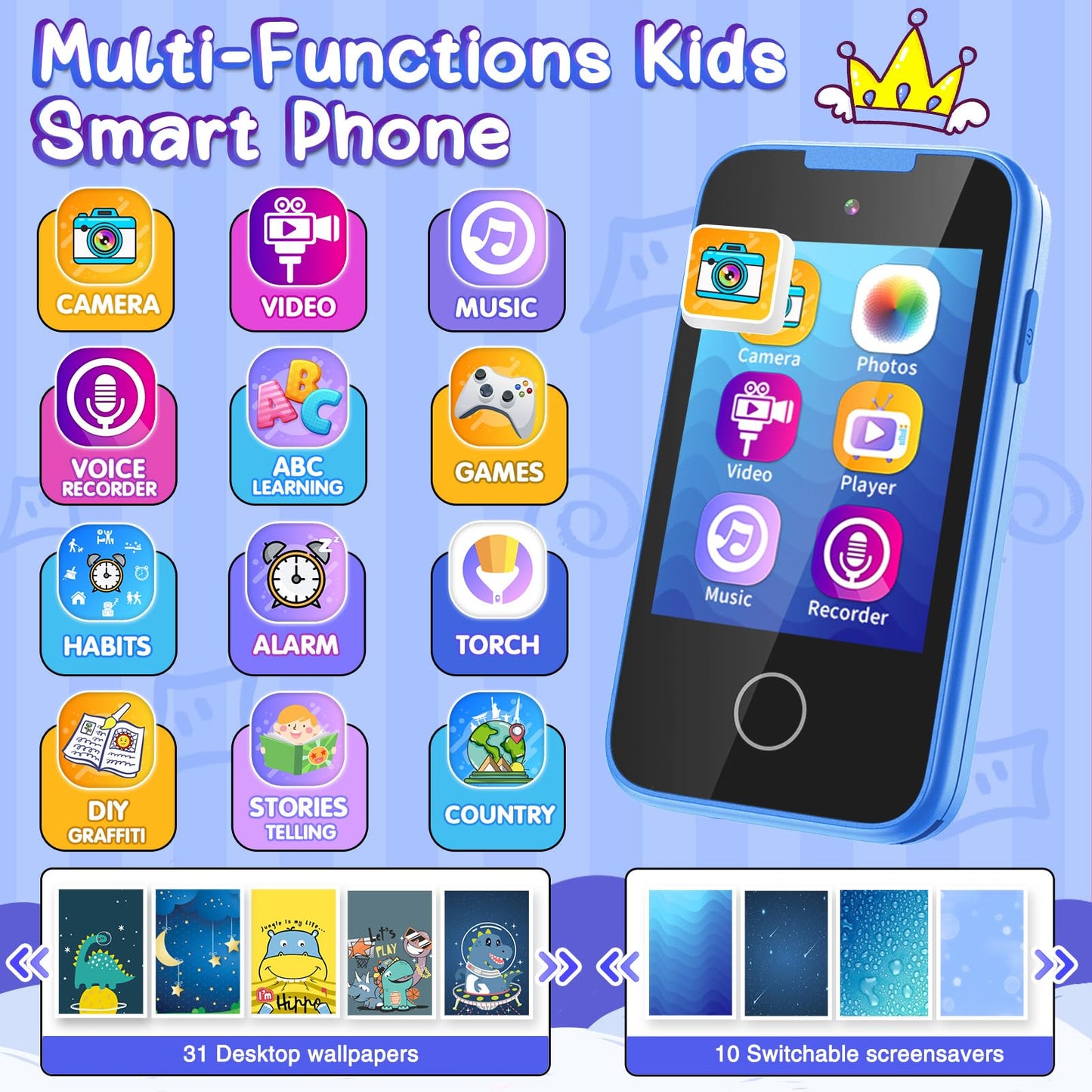 TKECWOB Kids Phone Toy for Ages 3-6 – Dual Camera, Music Player & Learning Games (Blue)