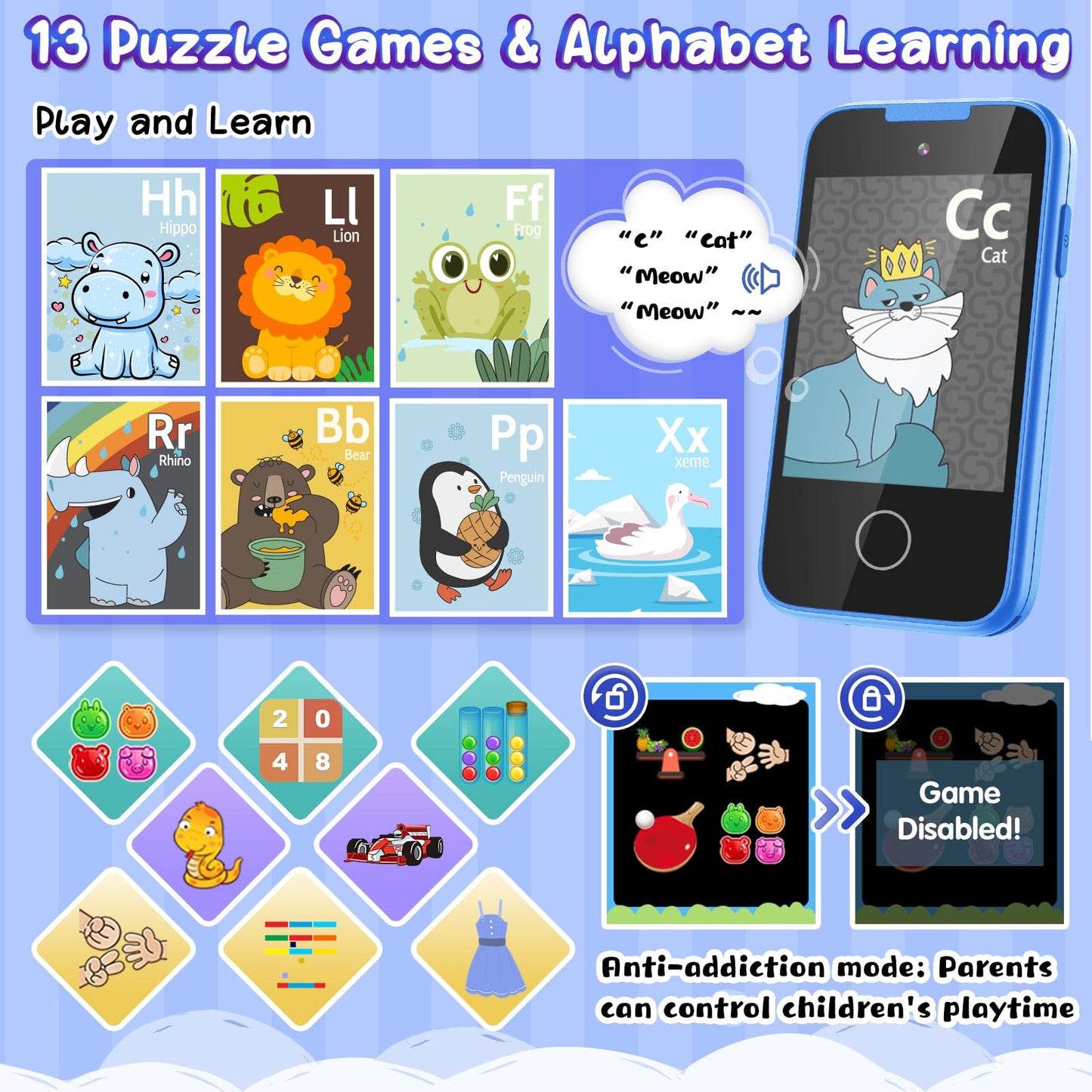 TKECWOB Kids Phone Toy for Ages 3-6 – Dual Camera, Music Player & Learning Games (Blue)