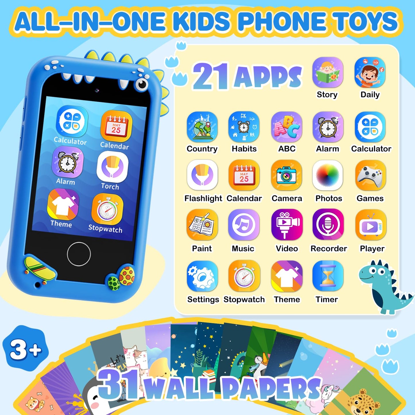 TKECWOB Kids Smart Phone Toys for Boys – Dinosaur Gift, 2.8” Touchscreen, Learning & Games