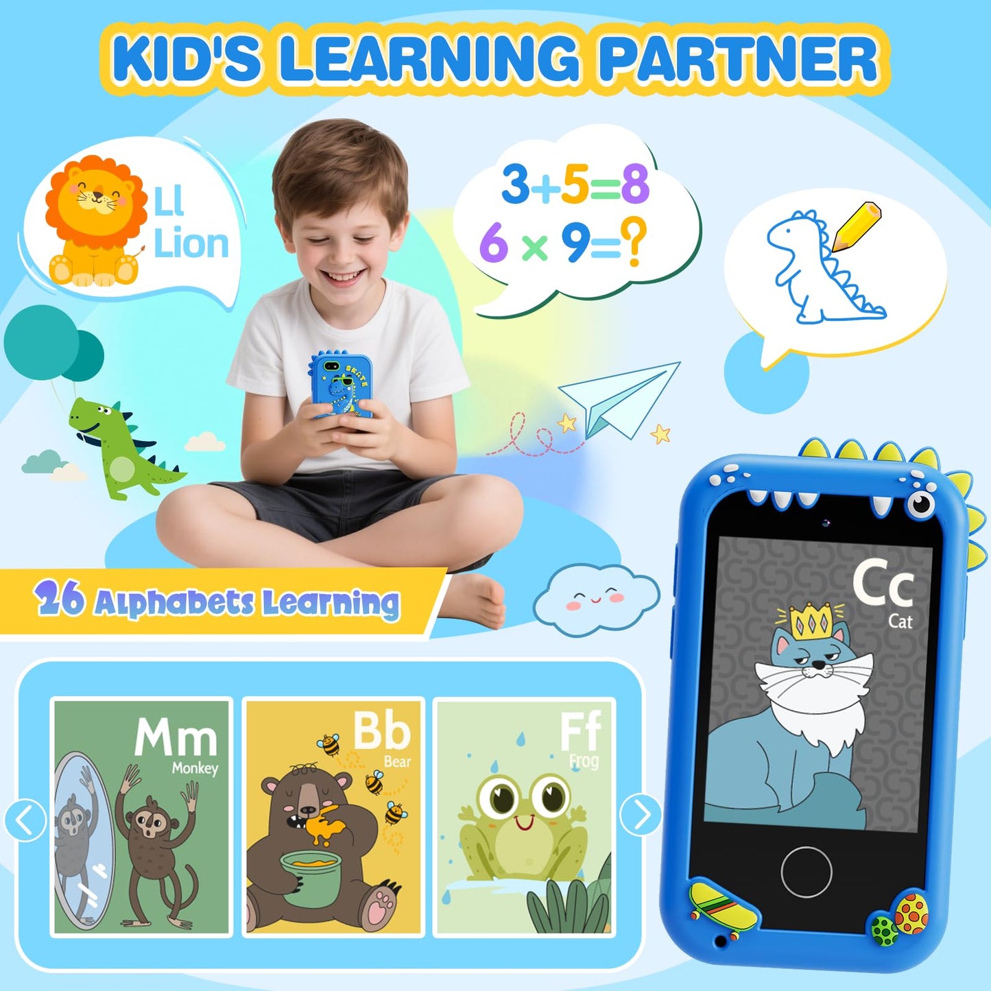 TKECWOB Kids Smart Phone Toys for Boys – Dinosaur Gift, 2.8” Touchscreen, Learning & Games