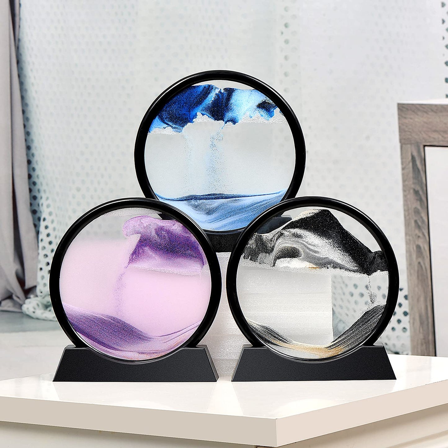 TKTM Liquid Motion Sandscape Blue 7in — Round Glass Sand Art for Desk