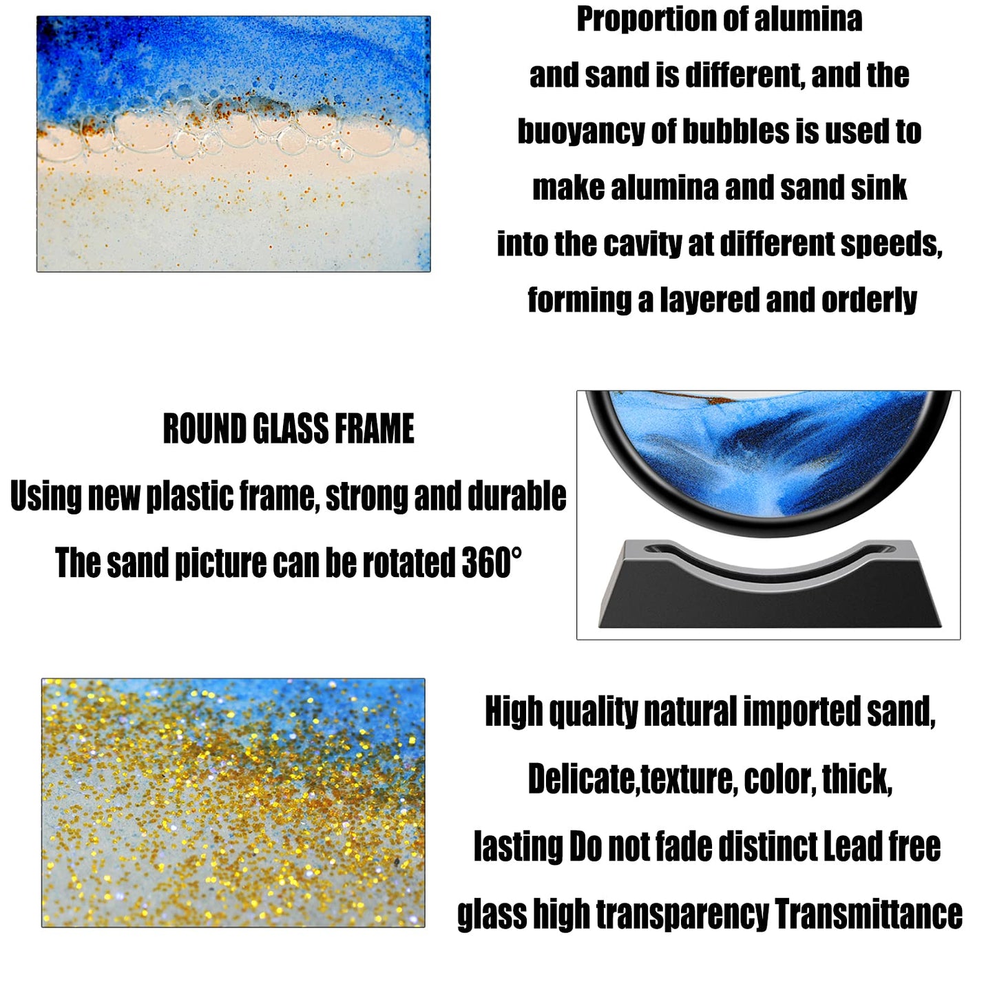 TKTM Liquid Motion Sandscape Blue 7in — Round Glass Sand Art for Desk