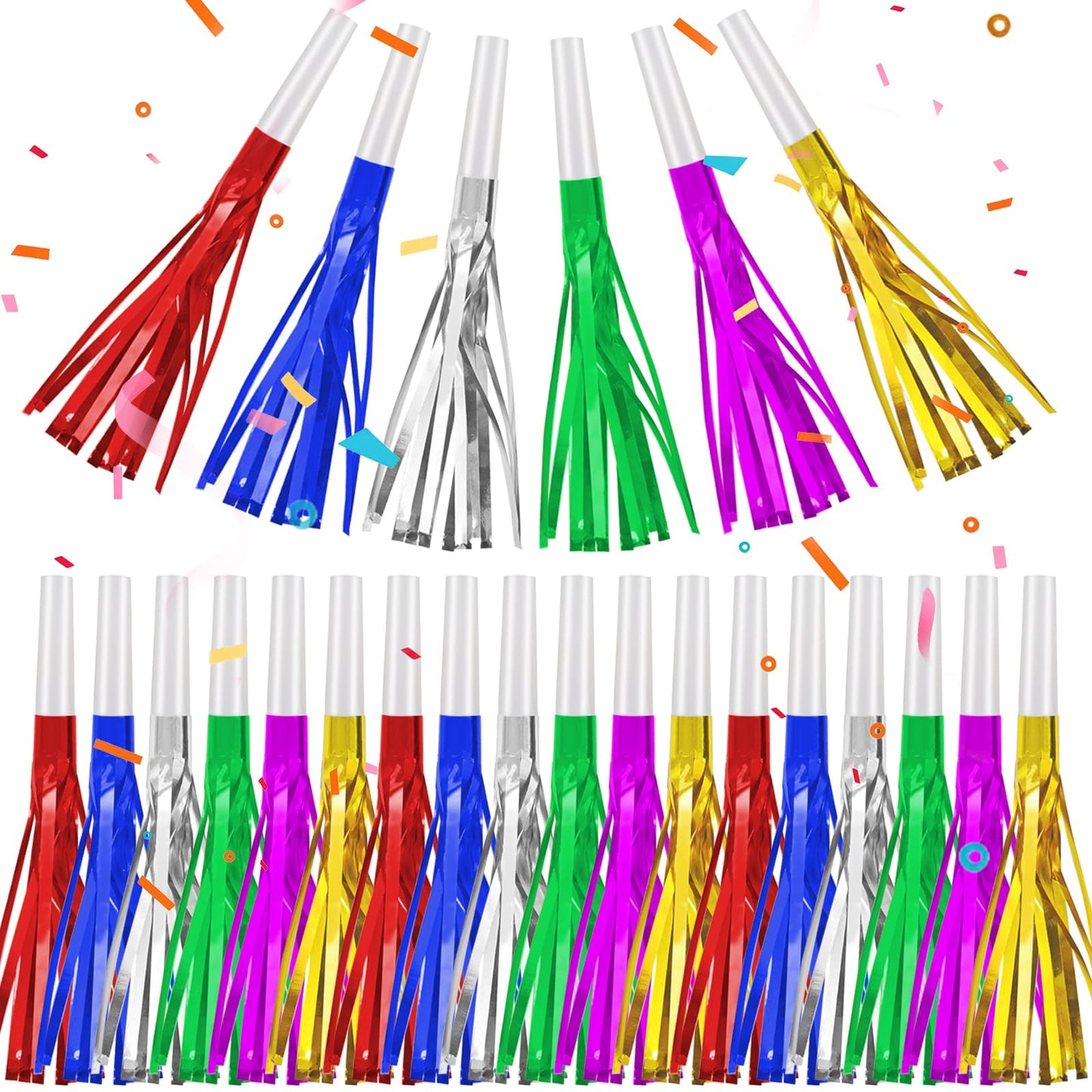 TKYZMS 24 Pack Metallic Fringe Party Blowers – Kids Noise Makers & Party Horns