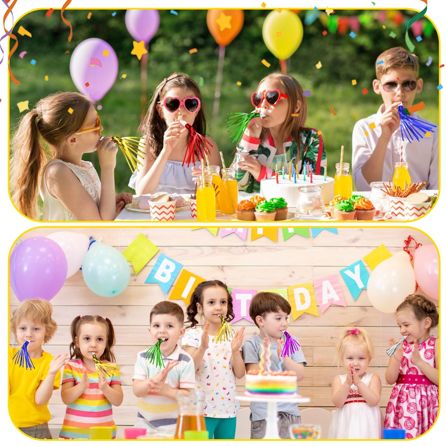 TKYZMS 24 Pack Metallic Fringe Party Blowers – Kids Noise Makers & Party Horns