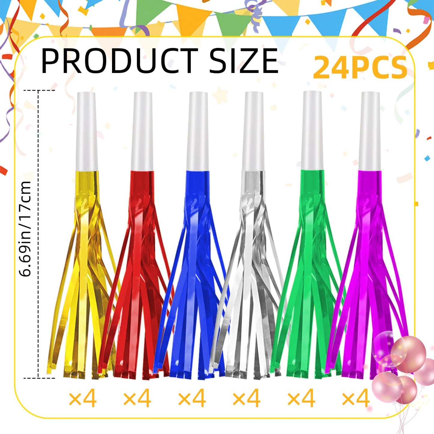 TKYZMS 24 Pack Metallic Fringe Party Blowers – Kids Noise Makers & Party Horns