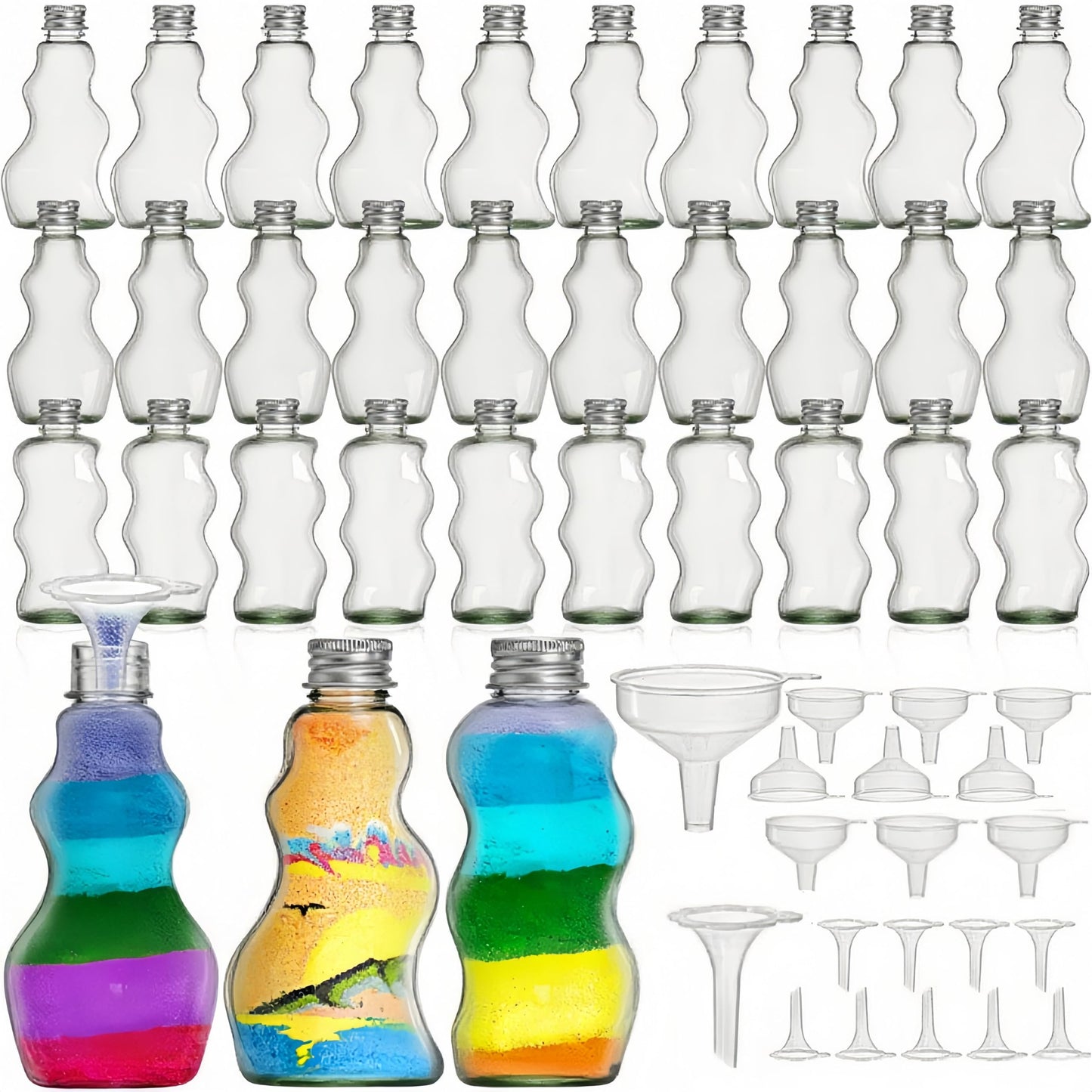Tlence 30 Pack Sand Art Bottles with Lids – 2.5 oz Clear Jars with Funnels (3 Styles)