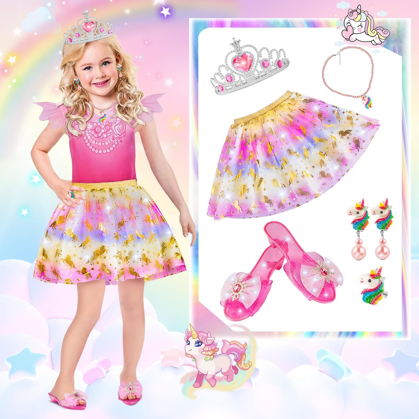 Tlooe Princess Dress Up Set for Girls | 3-Color Skirt Pack & Shoes (Ages 3–6)