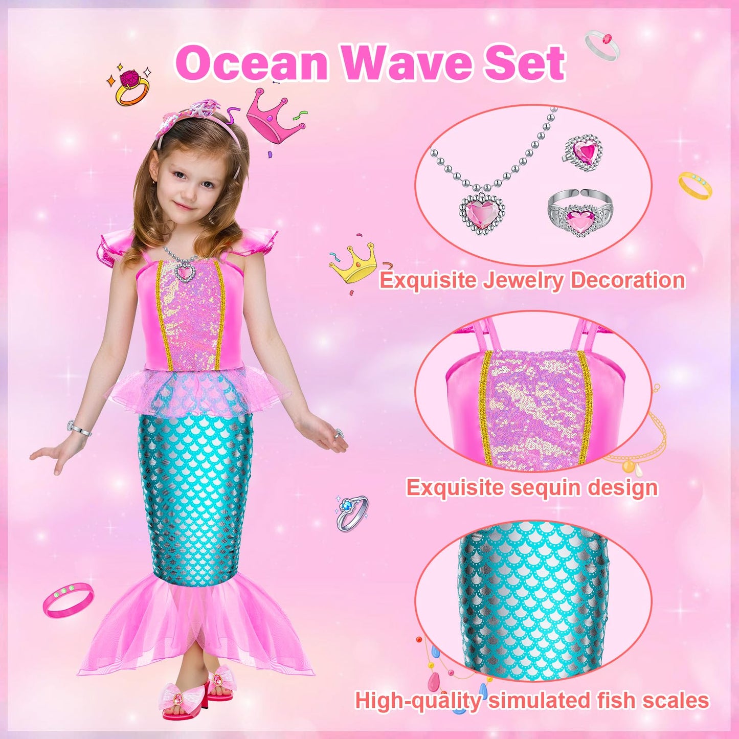 Tlooe Princess Dress Up Set for Girls – 3 Complete Styles for Ages 3-8