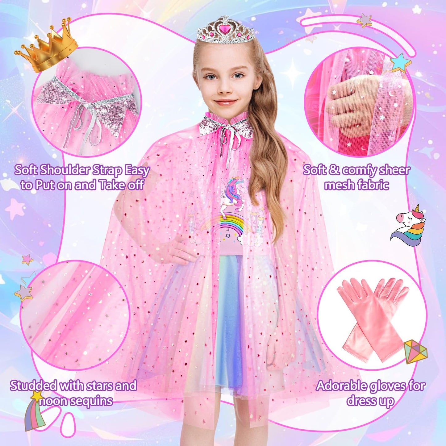 Tlooe Princess Dress Up Set for Girls – 4 Tops, 4 Skirts, Cape (Ages 3-8)