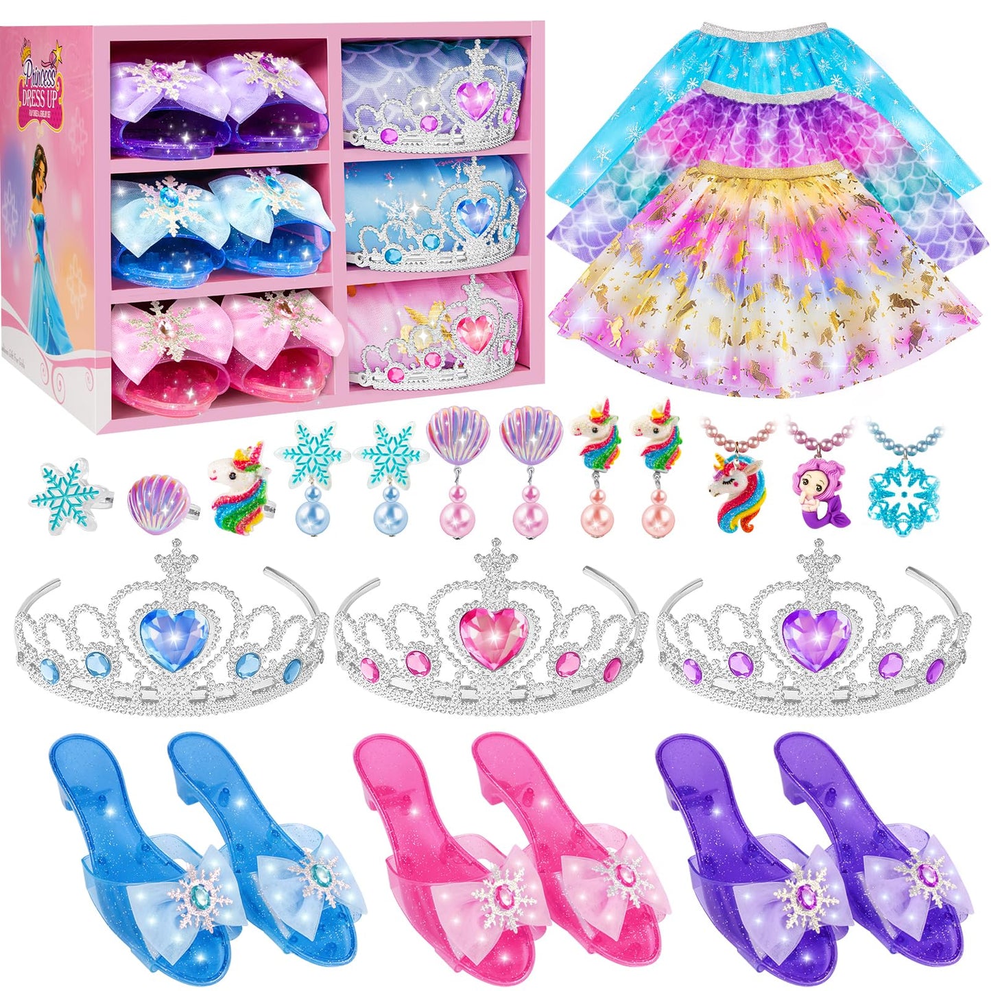 Tlooe Princess Dress Up Set for Girls | 3-Color Skirt Pack & Shoes (Ages 3–6)