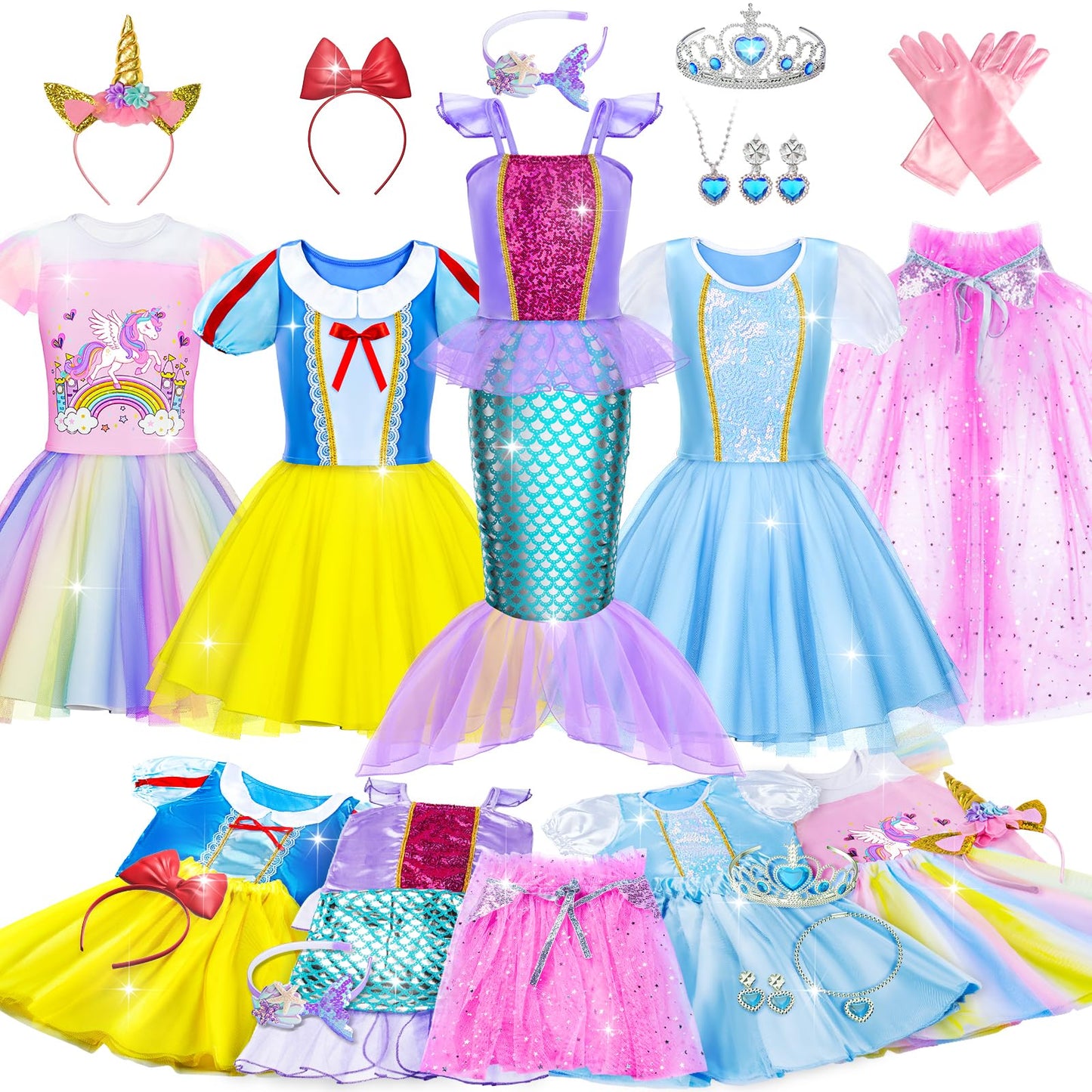 Tlooe Princess Dress Up Set for Girls – 4 Tops, 4 Skirts, Cape (Ages 3-8)