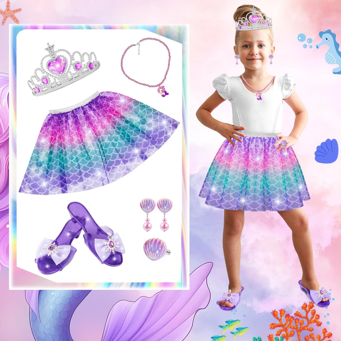 Tlooe Princess Dress Up Set for Girls | 3-Color Skirt Pack & Shoes (Ages 3–6)