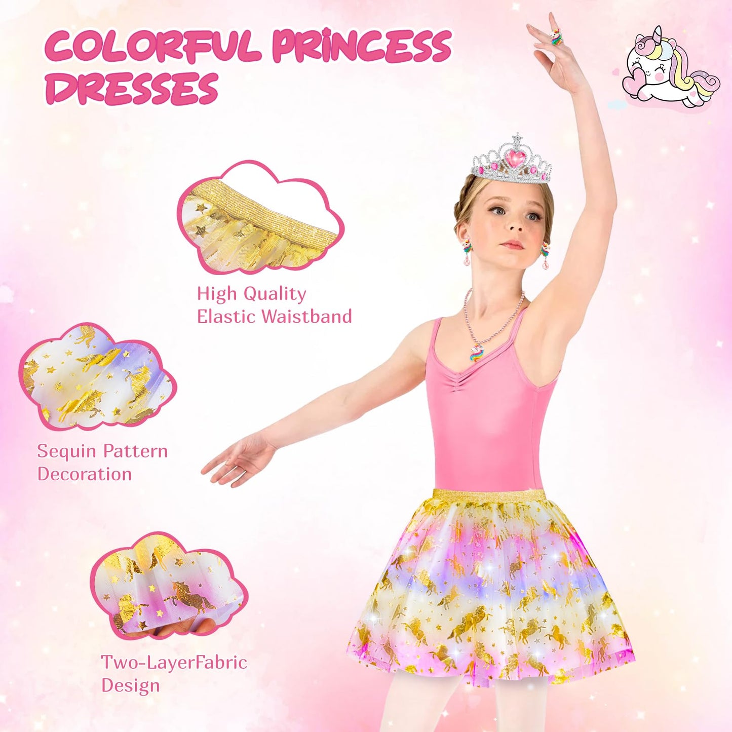 Tlooe Princess Dress Up Set for Girls | 3-Color Skirt Pack & Shoes (Ages 3–6)