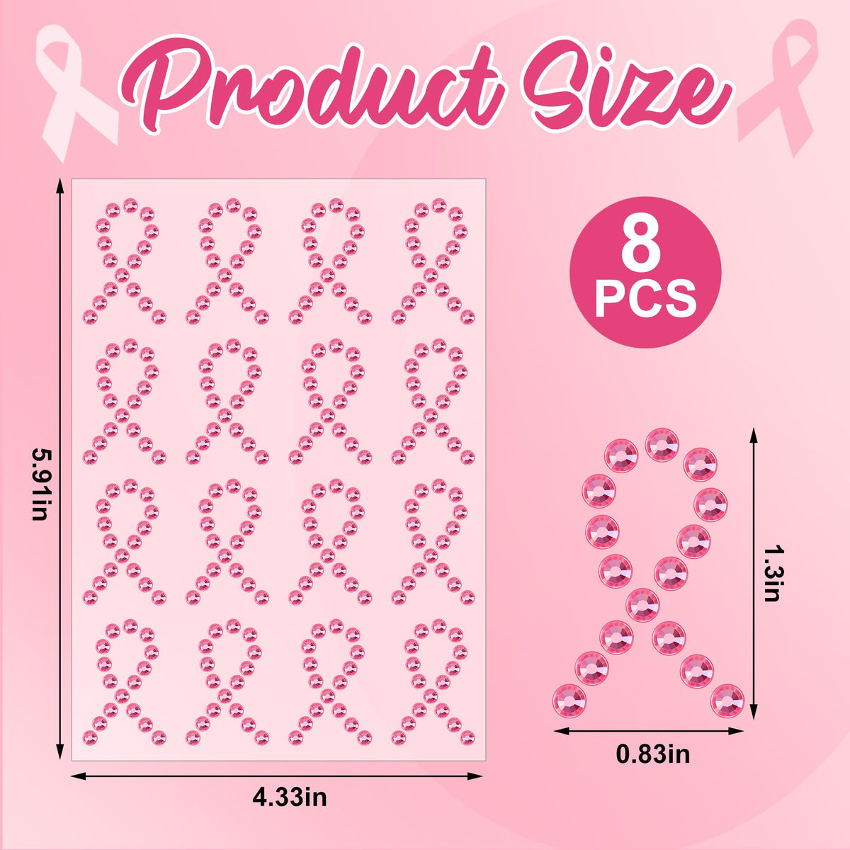 Tlswshsy Pink Ribbon Gem Stickers — 8-Count Self-Adhesive Breast Cancer Awareness Set for Events & DIY