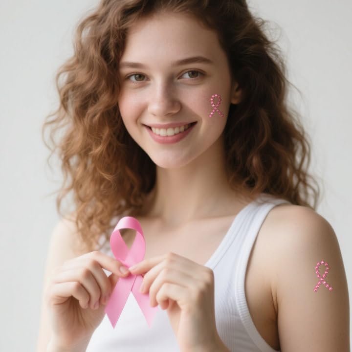 Tlswshsy Pink Ribbon Gem Stickers — 8-Count Self-Adhesive Breast Cancer Awareness Set for Events & DIY