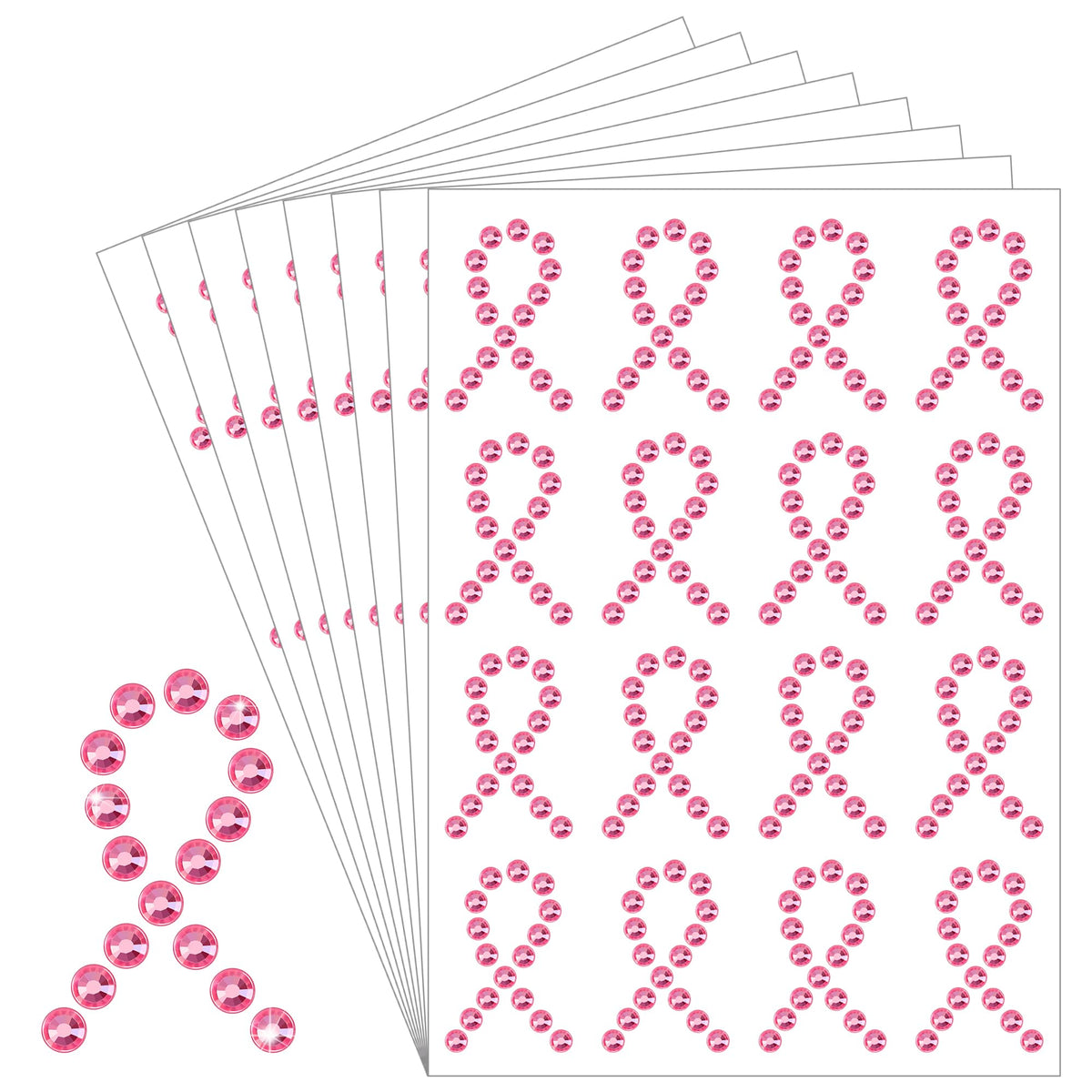 Tlswshsy Pink Ribbon Gem Stickers — 8-Count Self-Adhesive Breast Cancer Awareness Set for Events & DIY